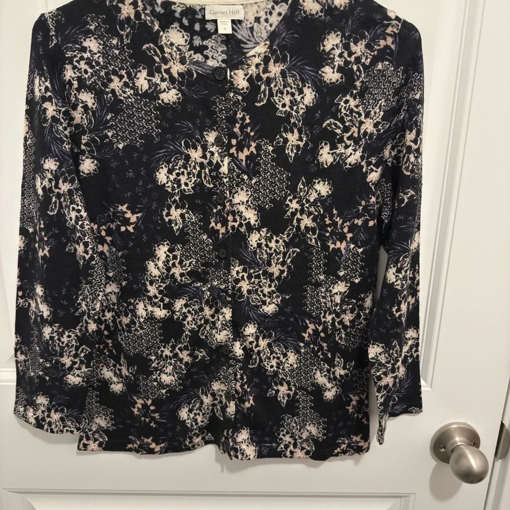 Garnet Hill Navy Blue Cream Floral Botanical Button Front Cardigan Sweater Small